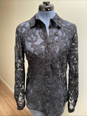 Diane Von Furstenberg Black Floral Lace Button-Down Shirt